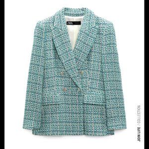 NWT ZARA TEXTURED DOUBLE BREASTED TWEED PLAID BLAZER Balmain YSL style SMALL